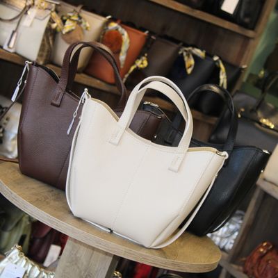 Sac à main/bandoulière en cuir grainé - Ivoire