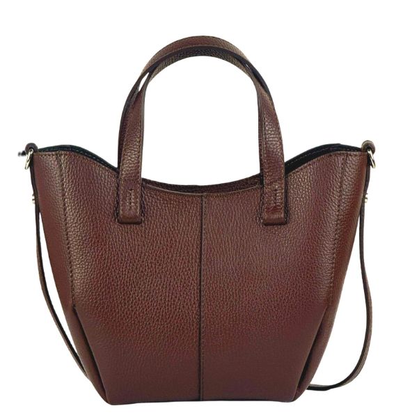 Sac à main/bandoulière en cuir grainé - Marron