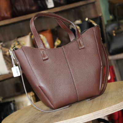 Sac à main/bandoulière en cuir grainé - Marron