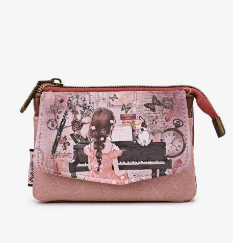 Porte monnaie à deux soufflets en similicuir coloré - Rose