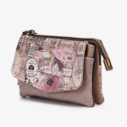 Porte monnaie à deux soufflets en similicuir coloré - Beige