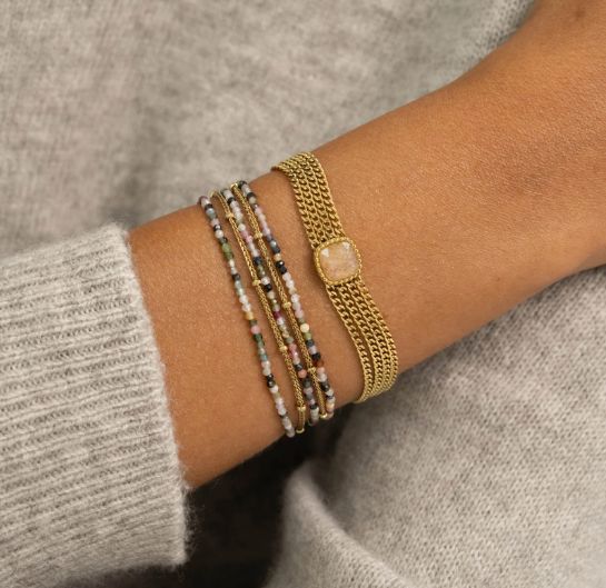 Bracelet 5 rangs avec mailles "Spiga" et pierres naturelles - Or/Rose