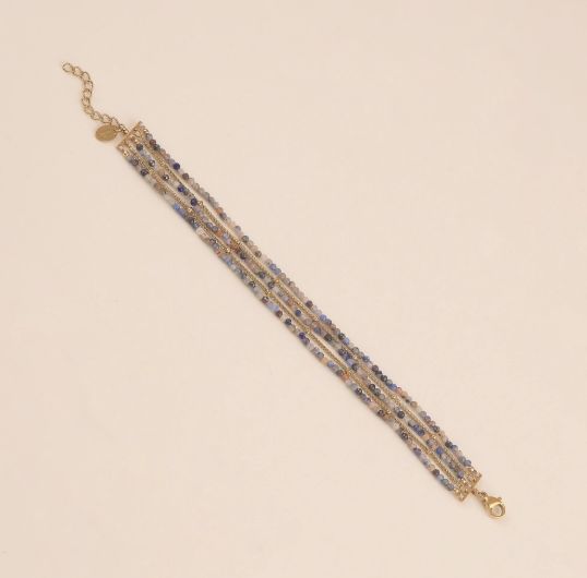 Bracelet 5 rangs avec mailles "Spiga" et pierres naturelles - Or/Bleu