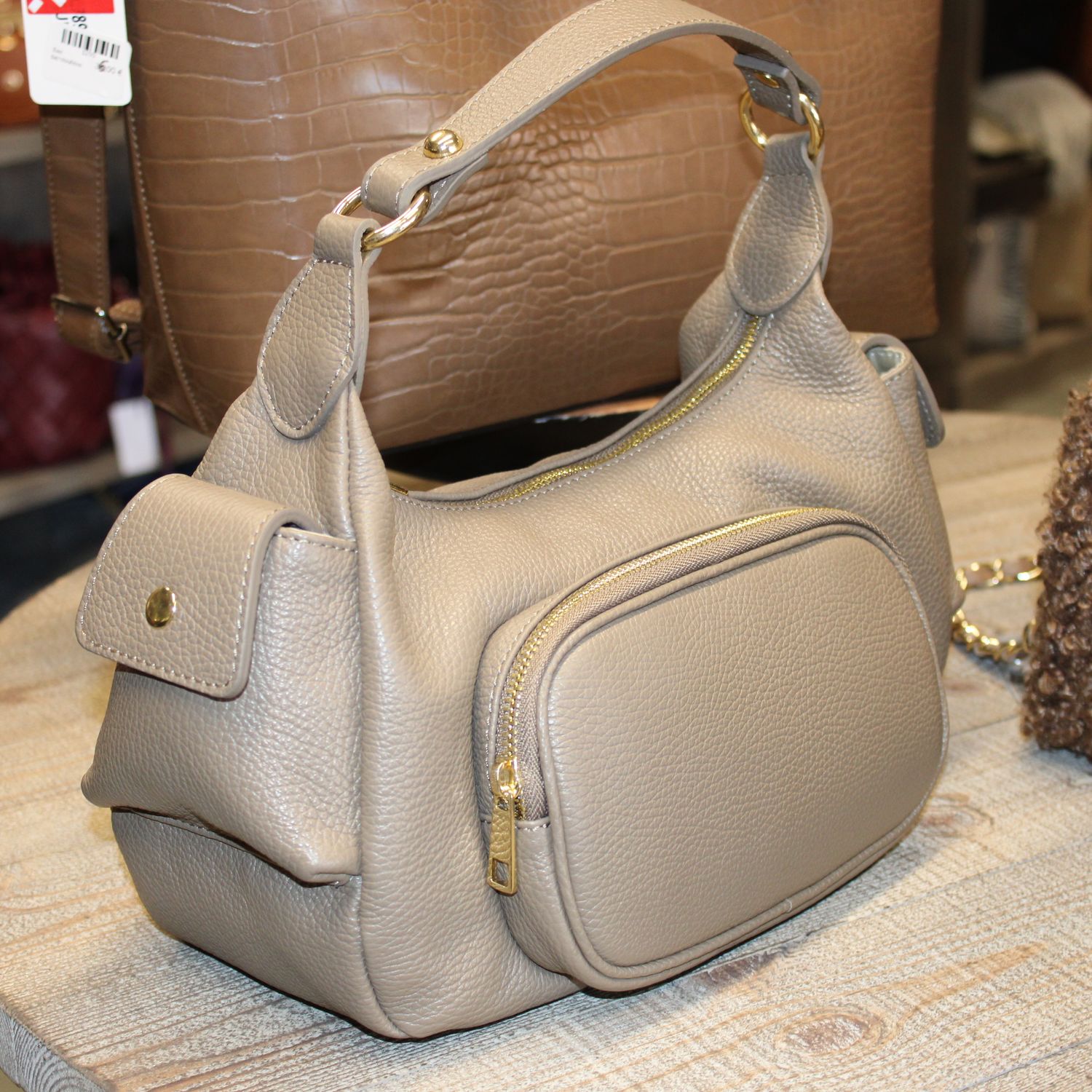 Sac multipoches en cuir taupe