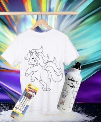 Colour in Unicorn T-shirt, colour pens and Unicorn colour change bottle