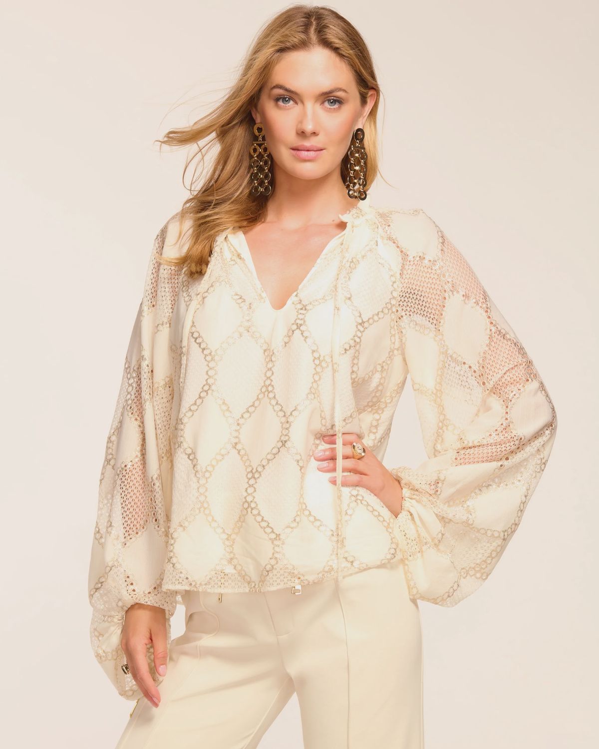 Ramy Brook Ria Lurex Lace Long Sleeve Blouse