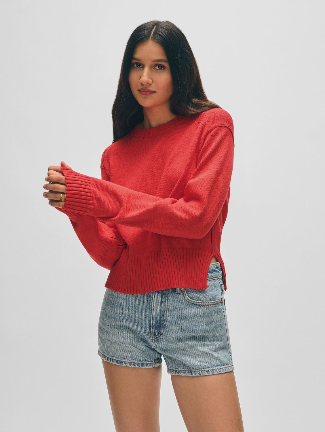 WHITE + WARREN SOFT COTTON RIB TRIM SWEATSHIRT