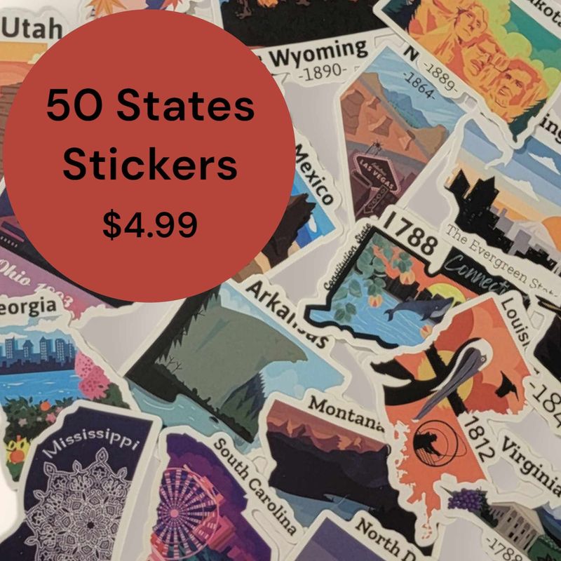 50 USA State Stickers Set