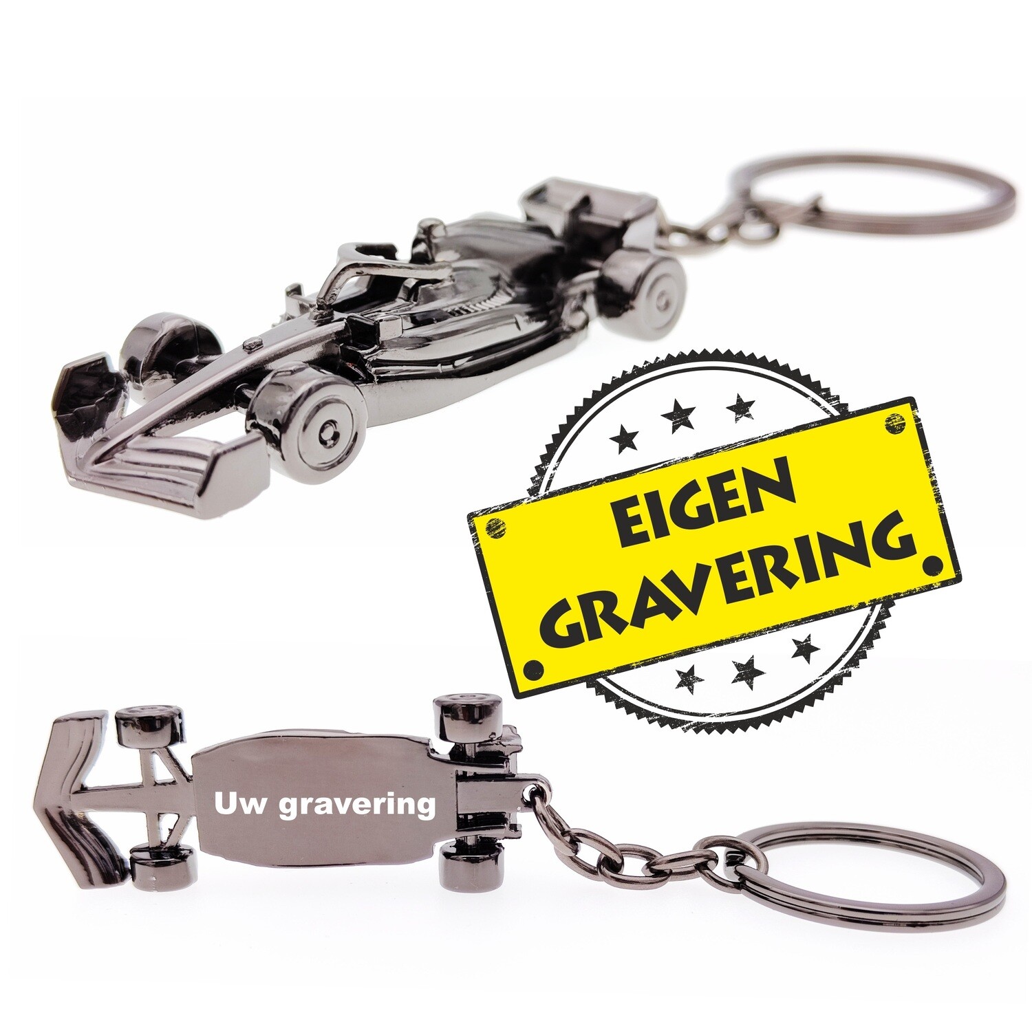 F1 Auto Sleutelhanger 2025 - Gunmetal Black - Eigen Gravering