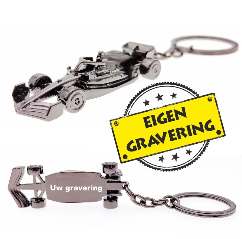 F1 Auto Sleutelhanger 2025 - Gunmetal Black - Eigen Gravering