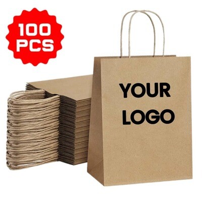 Brown Paper Bags With Handles &amp; Logo  - Pack of 100  - AVAILABLE ONLY ON PREORDER BASIS.
