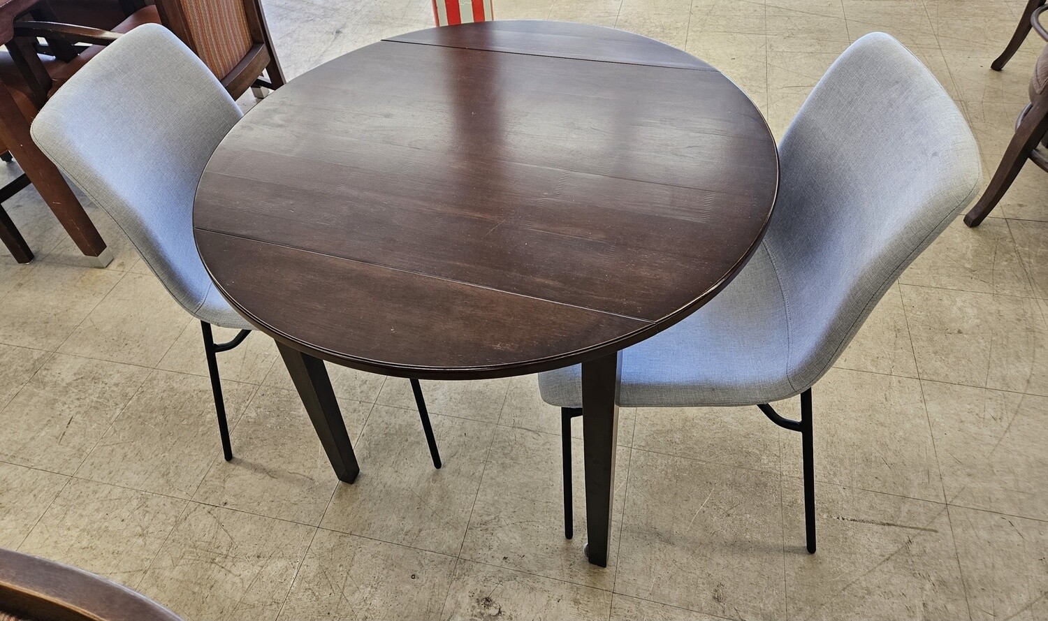 Elegant Wooden Drop Leaf Table With 2 Grey Chairs