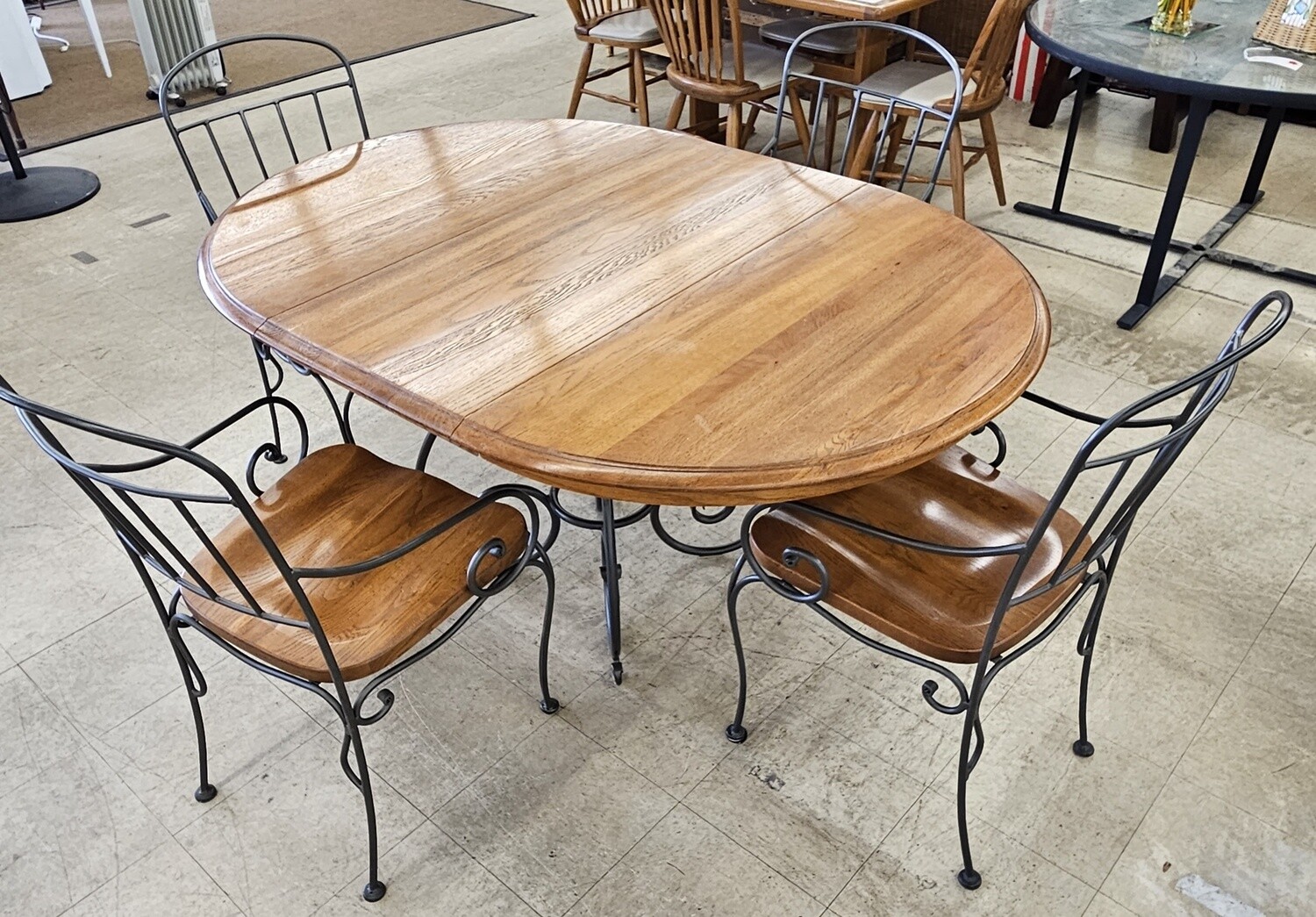 Solid Oak &amp; Iron Dining Table Set