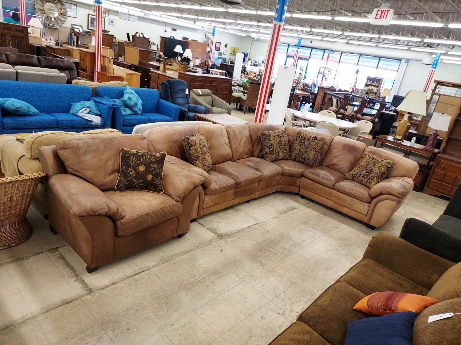 Large Distressed Leather Sectional Couch &amp; Chair