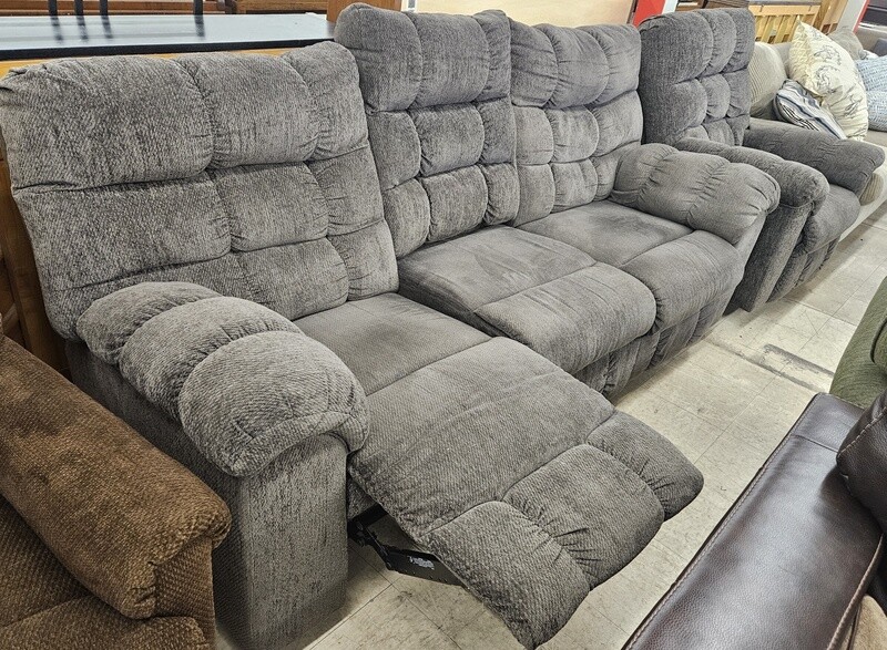 Chenille upholstered - grey reclining couch &amp; chair