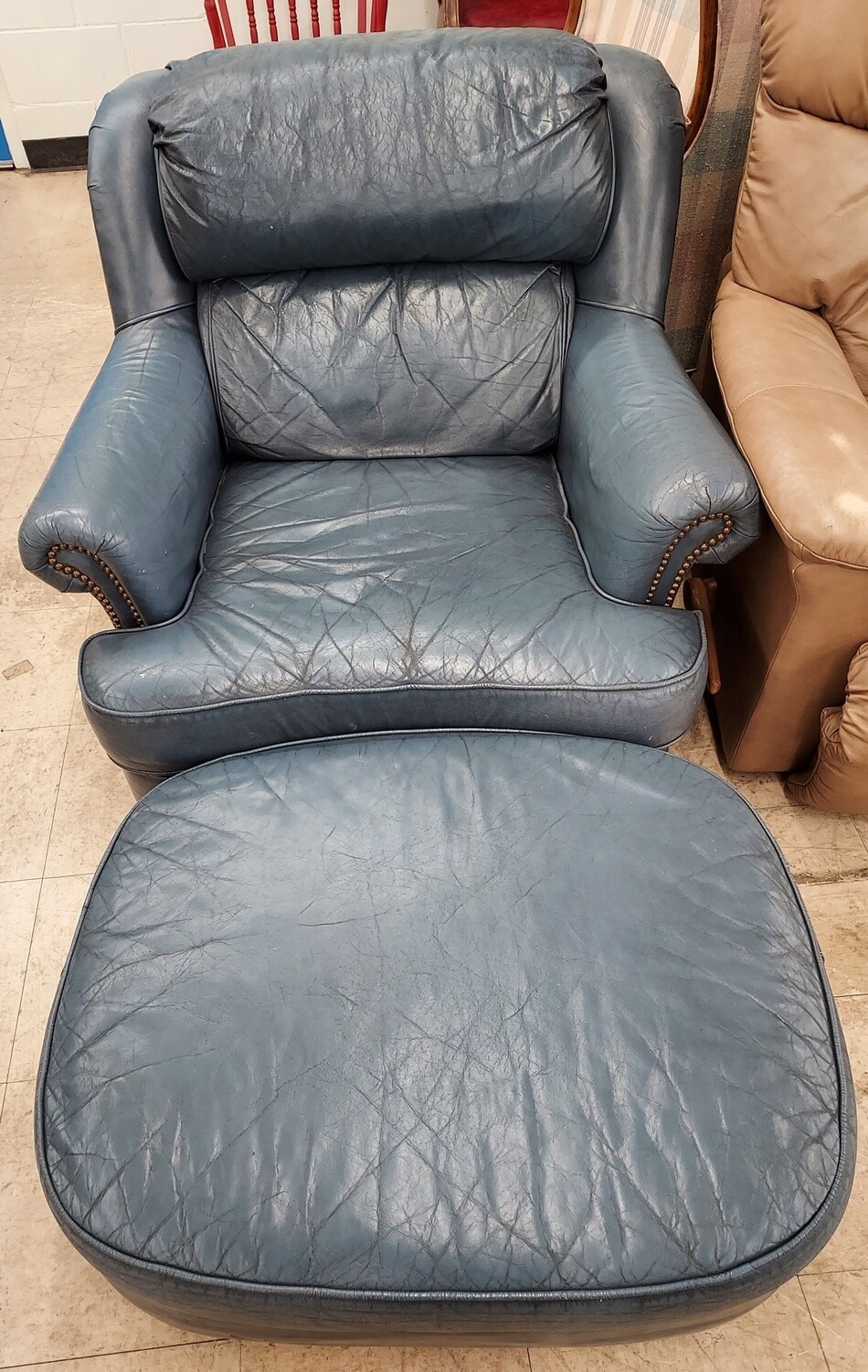 Smith &amp; Gaines Blue Leather Chair w/ Ottoman