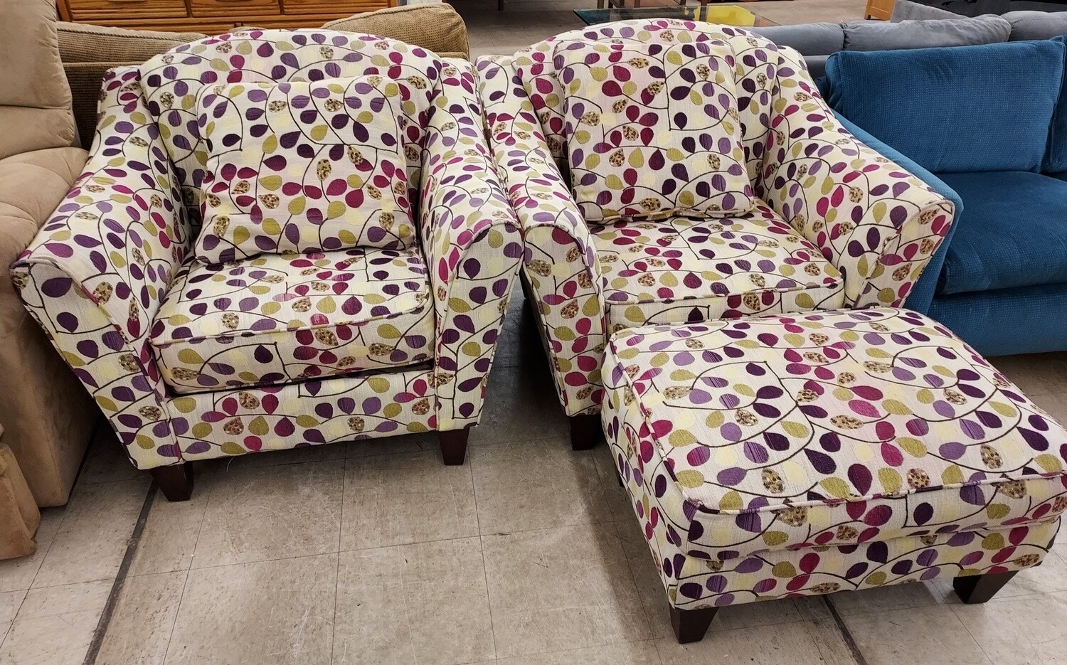 Multi colored Leaf Chairs w/ 1 ottoman
