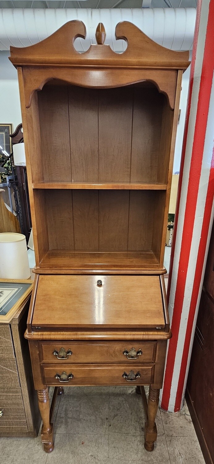 Vintage Maple Nutmeg Secretary Desk With Open Bookshelf