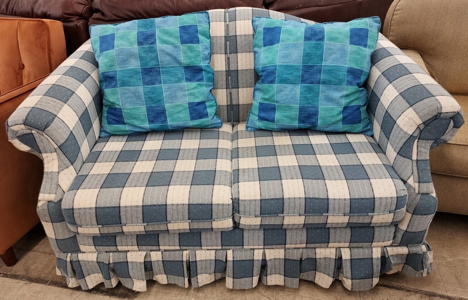Blue &amp; White Checkered Frilly Couch