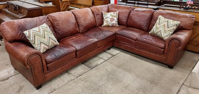 Distressed Nailhead Trimmed Sectional Couch