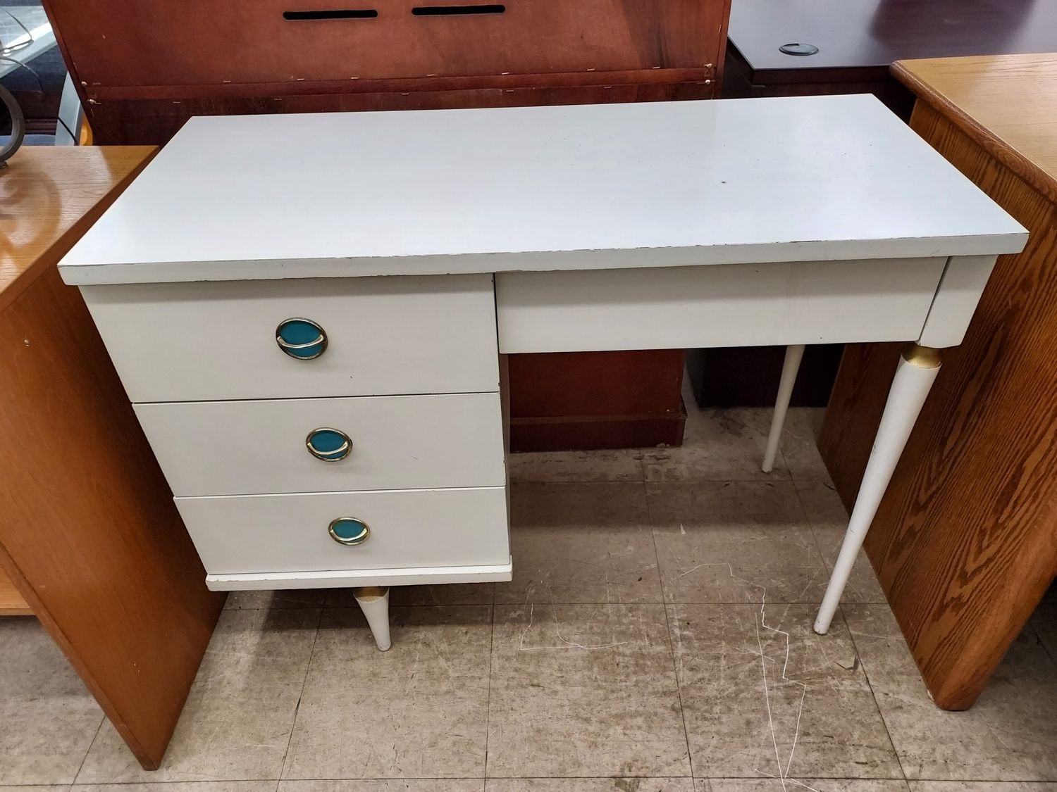 White Desk w/ Blue Handles