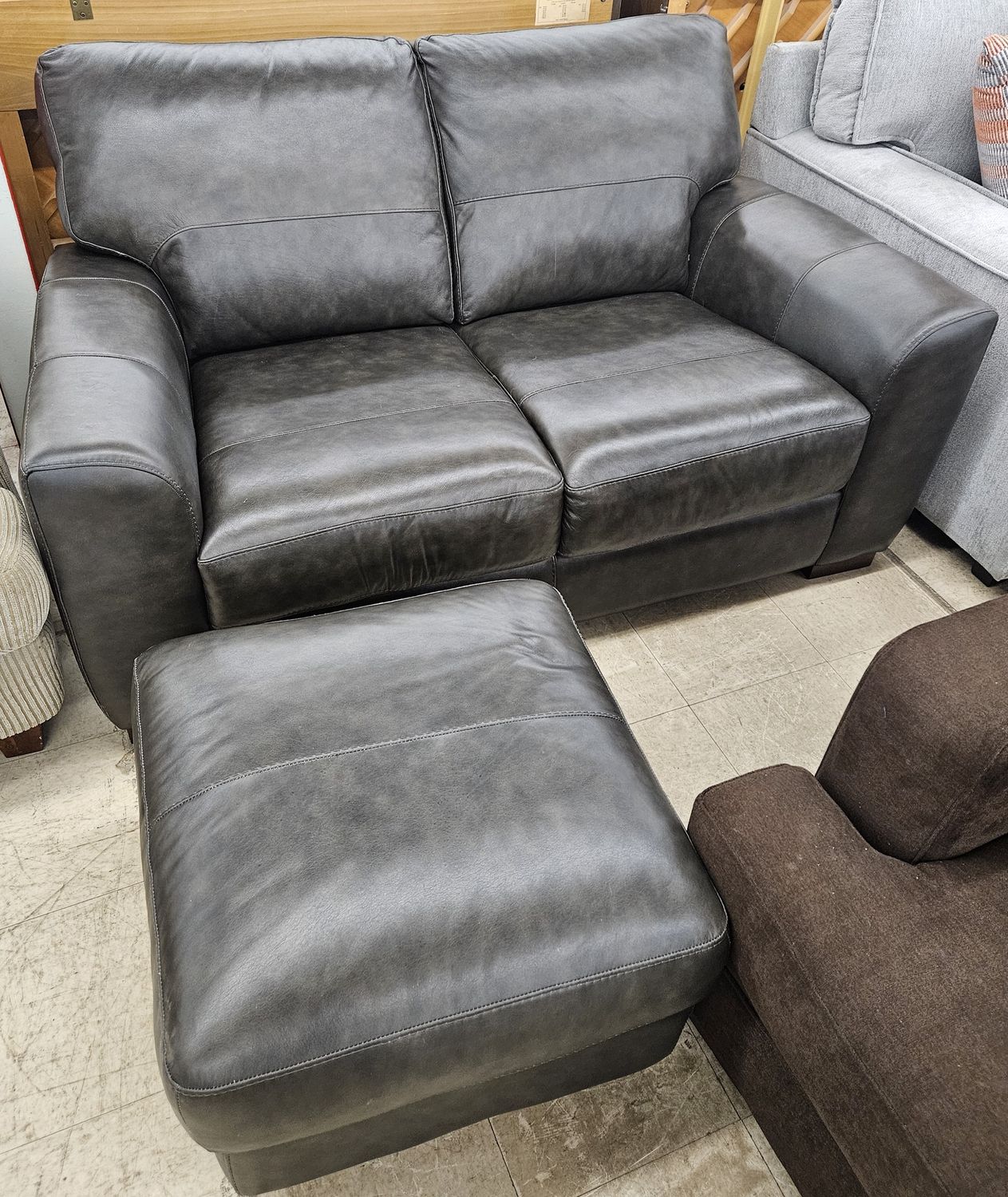 Dark Grey Italian All-Leather Loveseat and matching ottoman