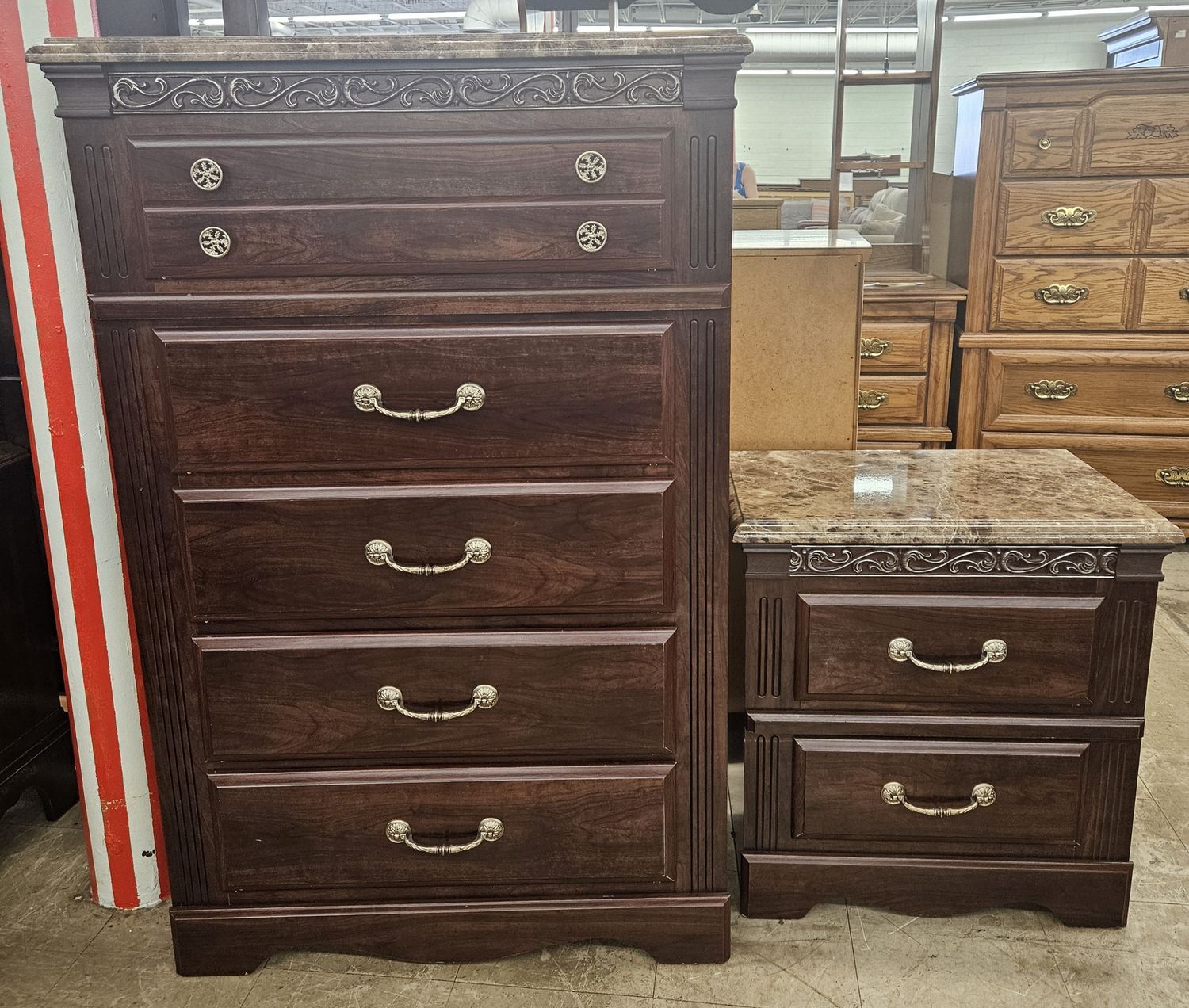 Matching chocolate brown highboy dresser and nightstand