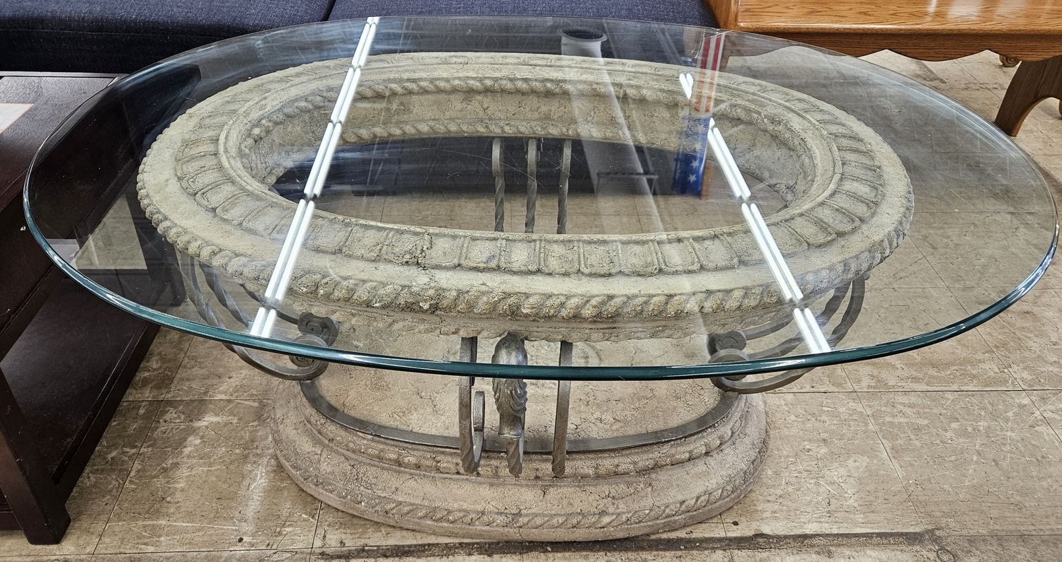 Elegant oval glass top &amp; stone coffee table