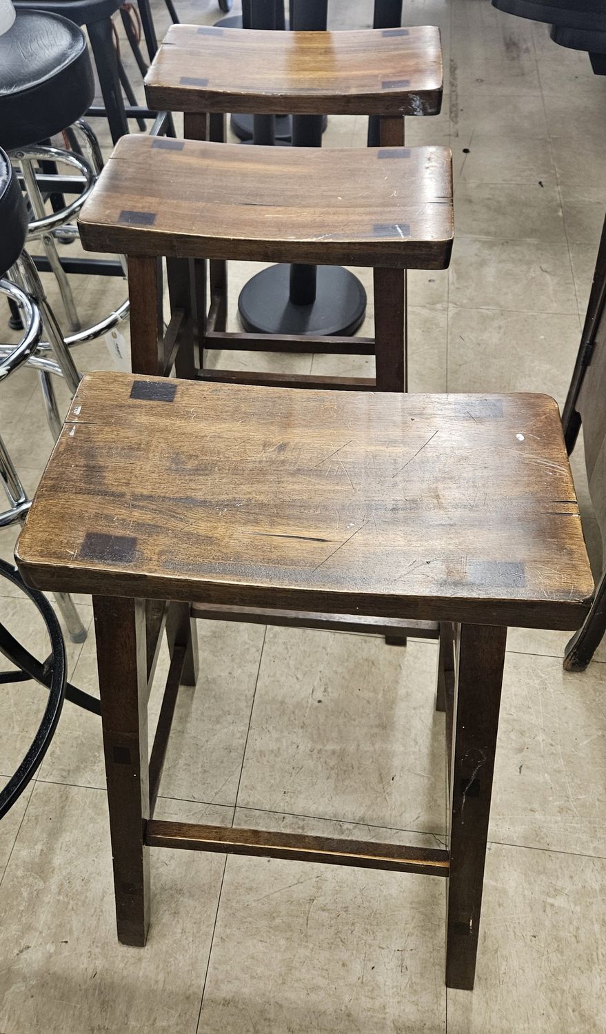 Set of 3 solid wood saddle bar stools