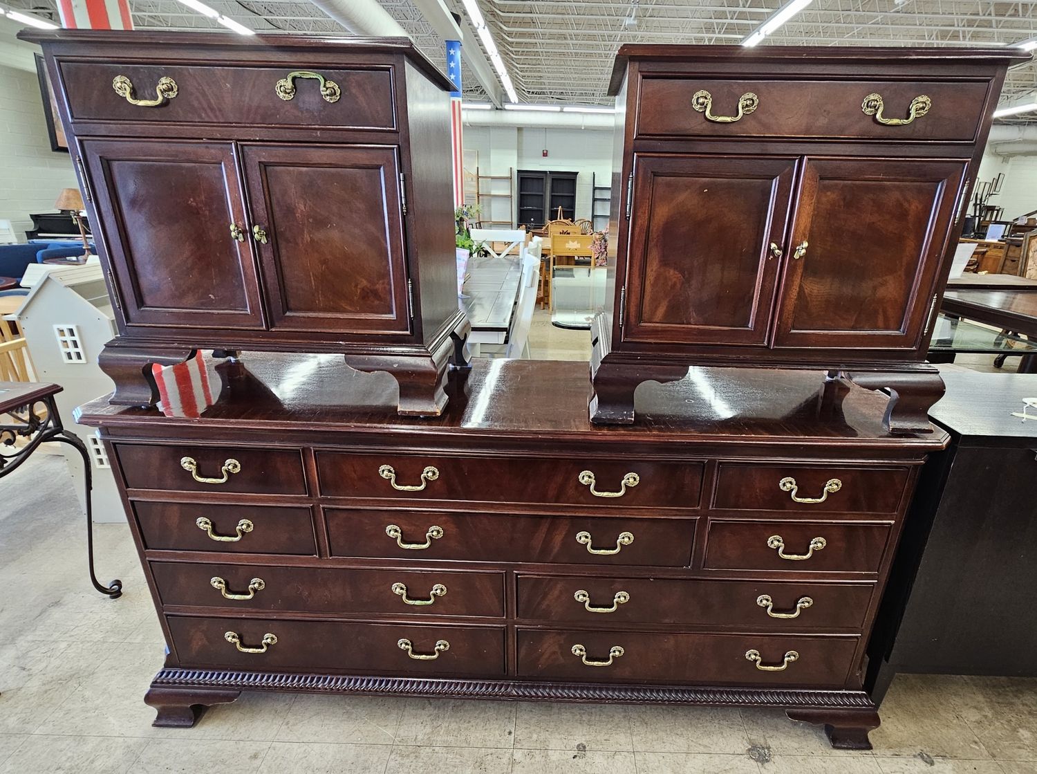 Centennial Collection by Bernhardt, featuring a mahogany lowboy dresser and two matching nightstands