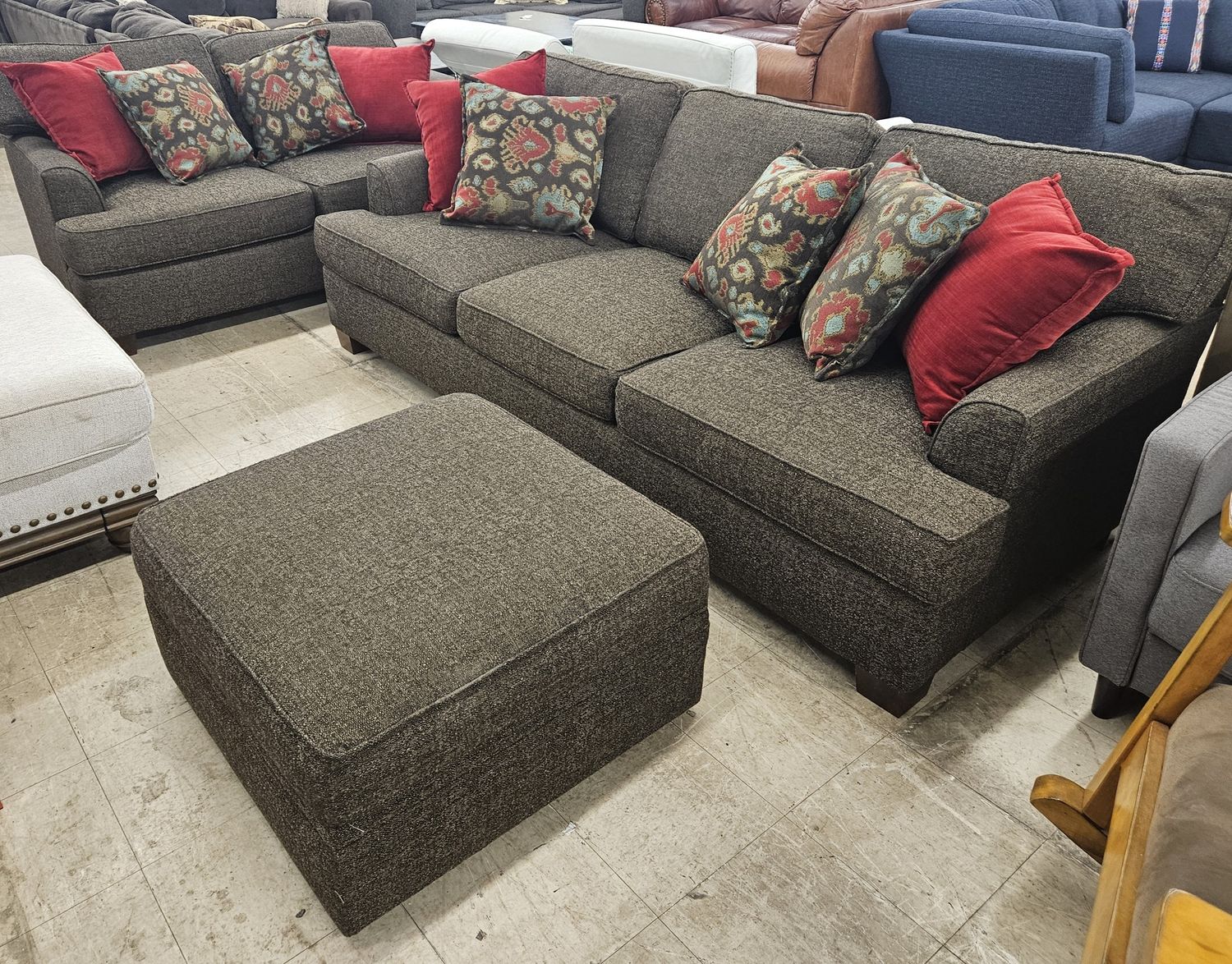 Dark brown/grey tweed fabric couch set - Couch, Loveseat &amp; Ottoman