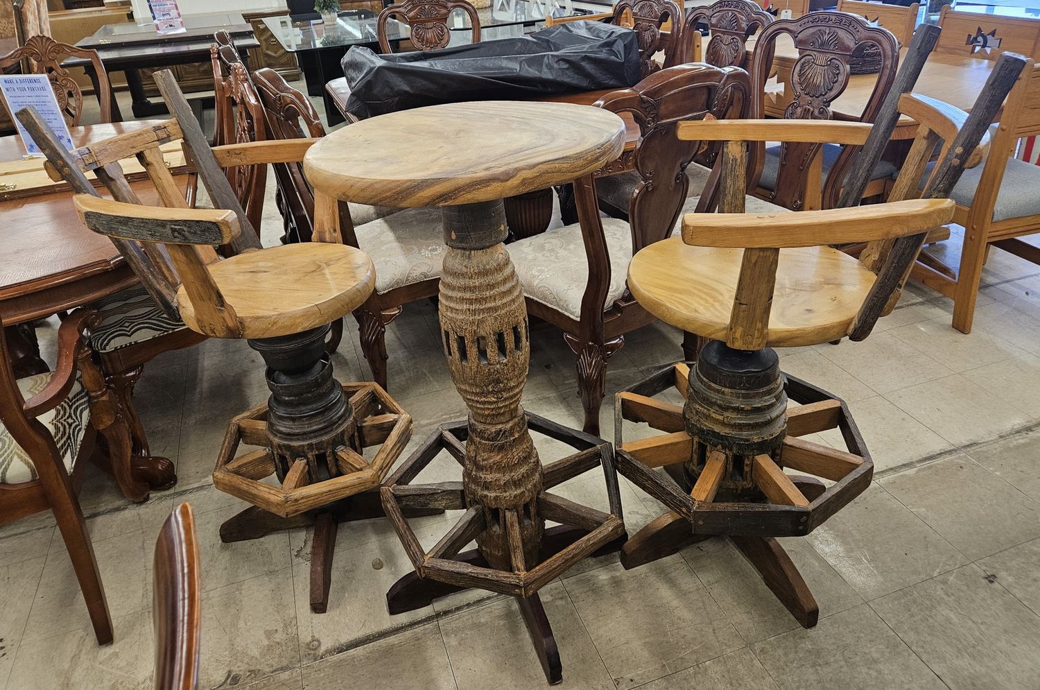 Old-Fashioned Vintage Wagon Wheel Bar Stools with Matching Hightop Table