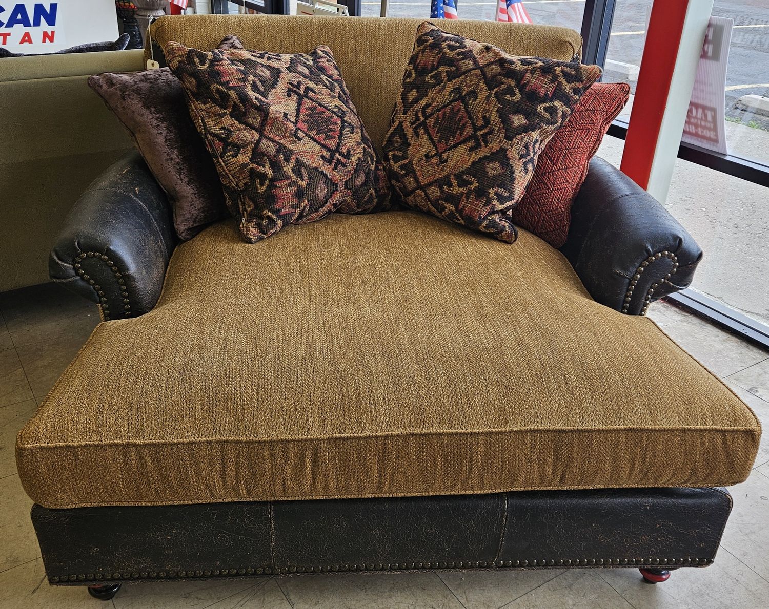 Giant Leather &amp; Burlap Lounge Chair