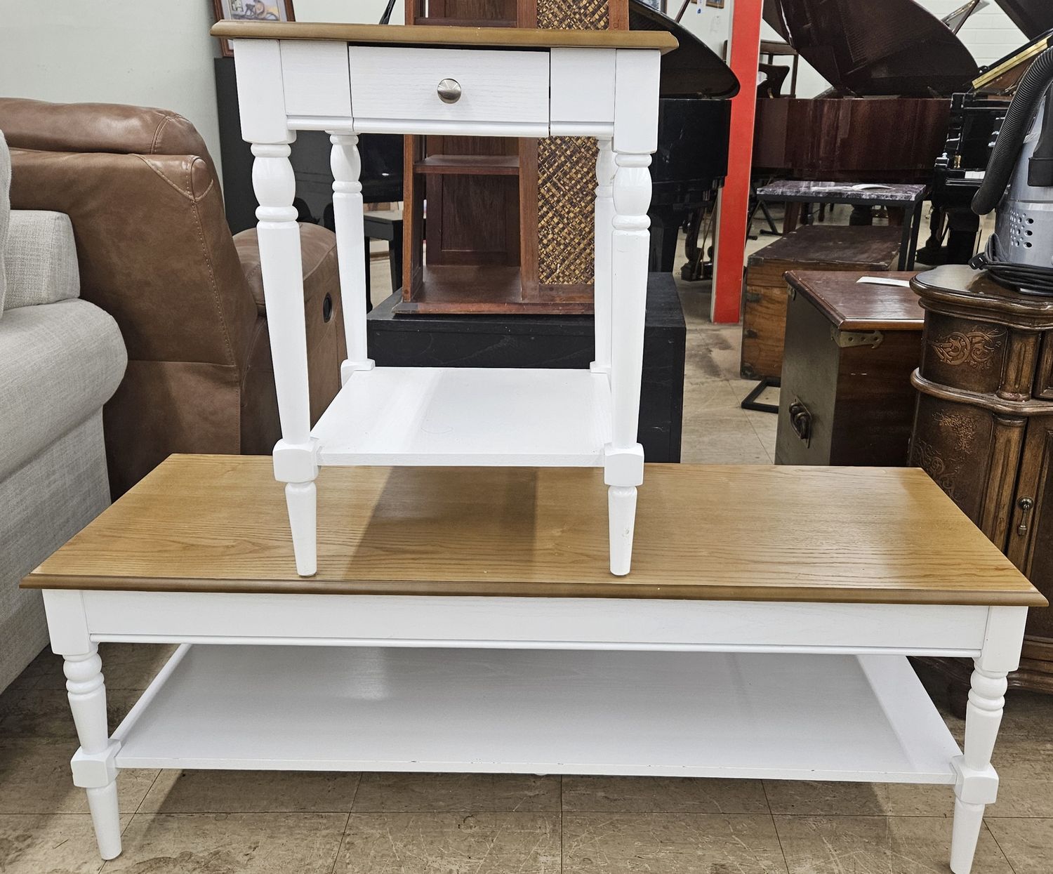 French Country Driftwood and White Square Wood End Table with matching coffee table