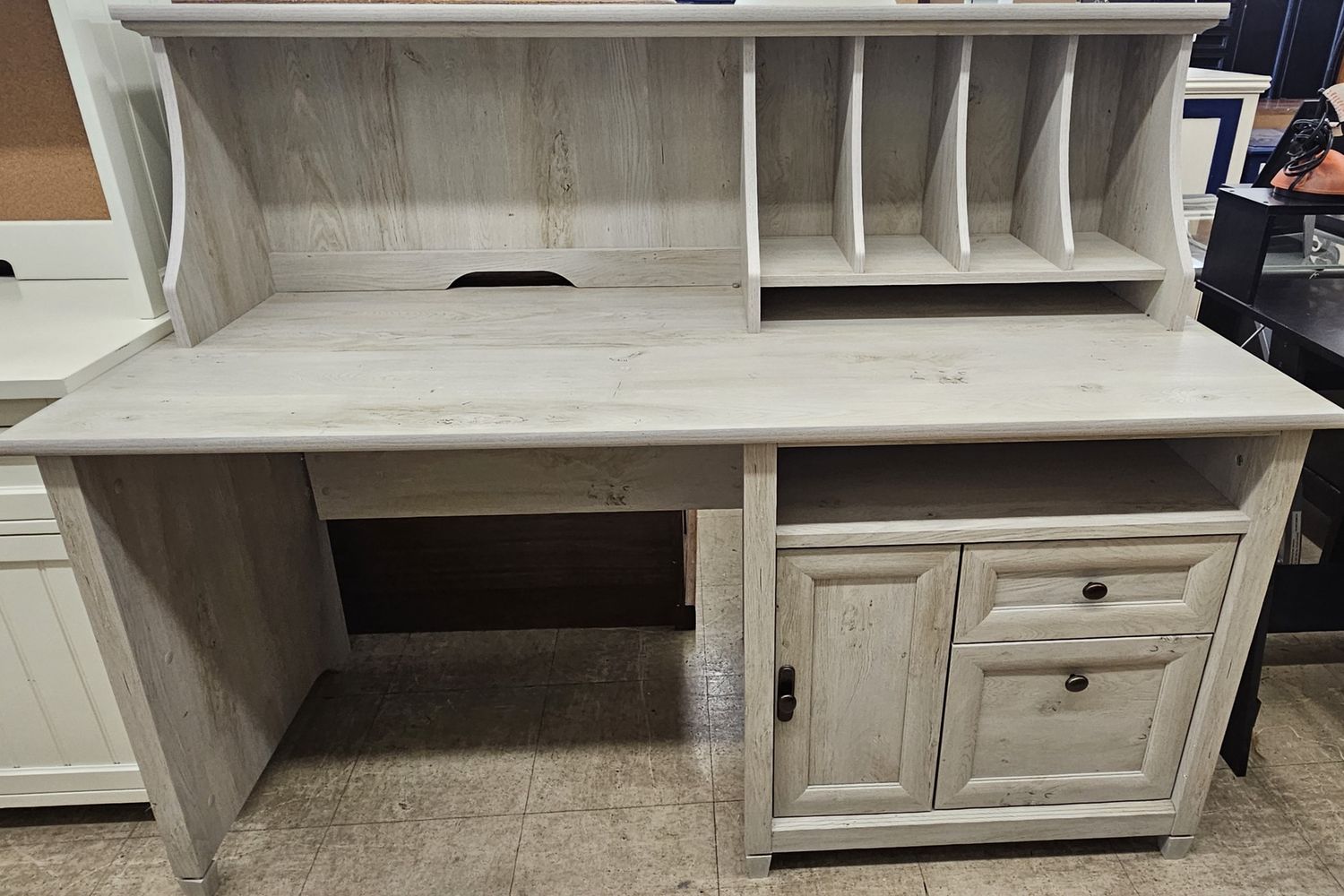 stylish computer desk with hutch in Chalked Chestnut