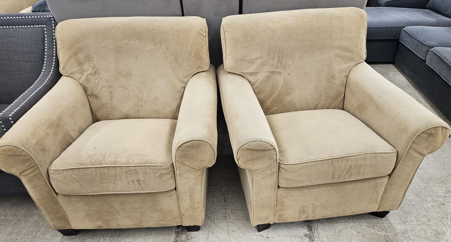 Pair of beige suede accent chairs