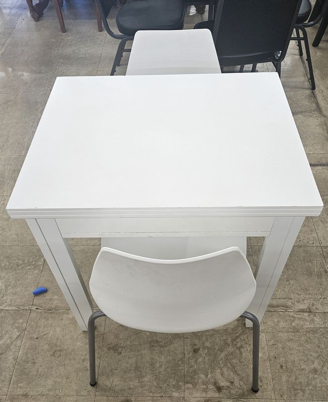 Small square white wooden table &amp; 2 chairs