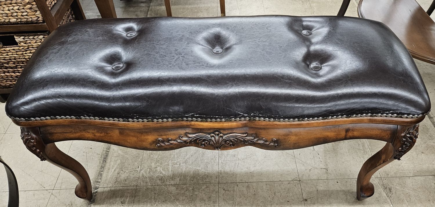 Incredible Carved Wooden and Leather Bench