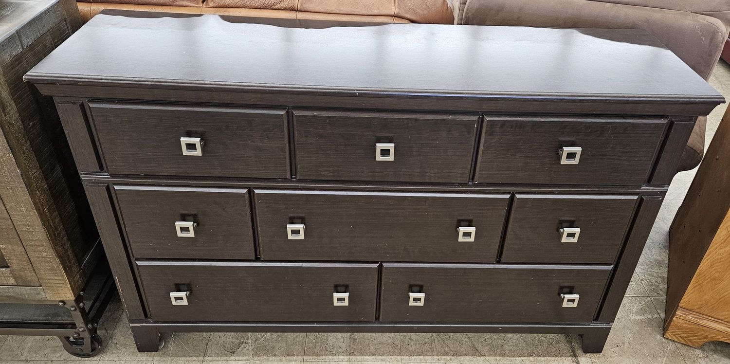 Dark brown wood lowboy dresser
