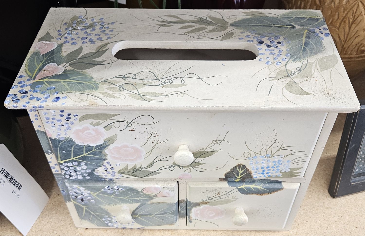 Vintage Floral Hand-Painted Wooden Tissue Dispenser Cabinet with Drawers