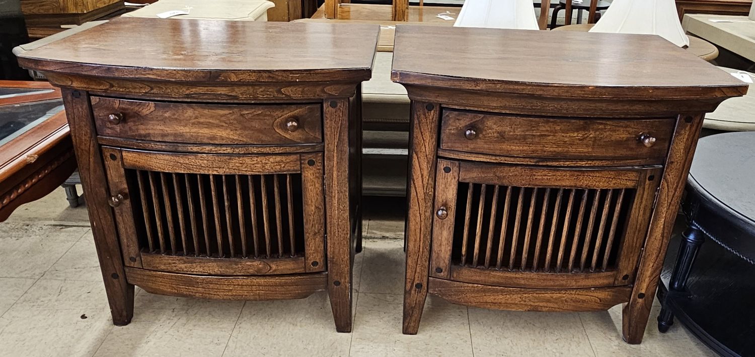 Two walnut-colored oak end tables