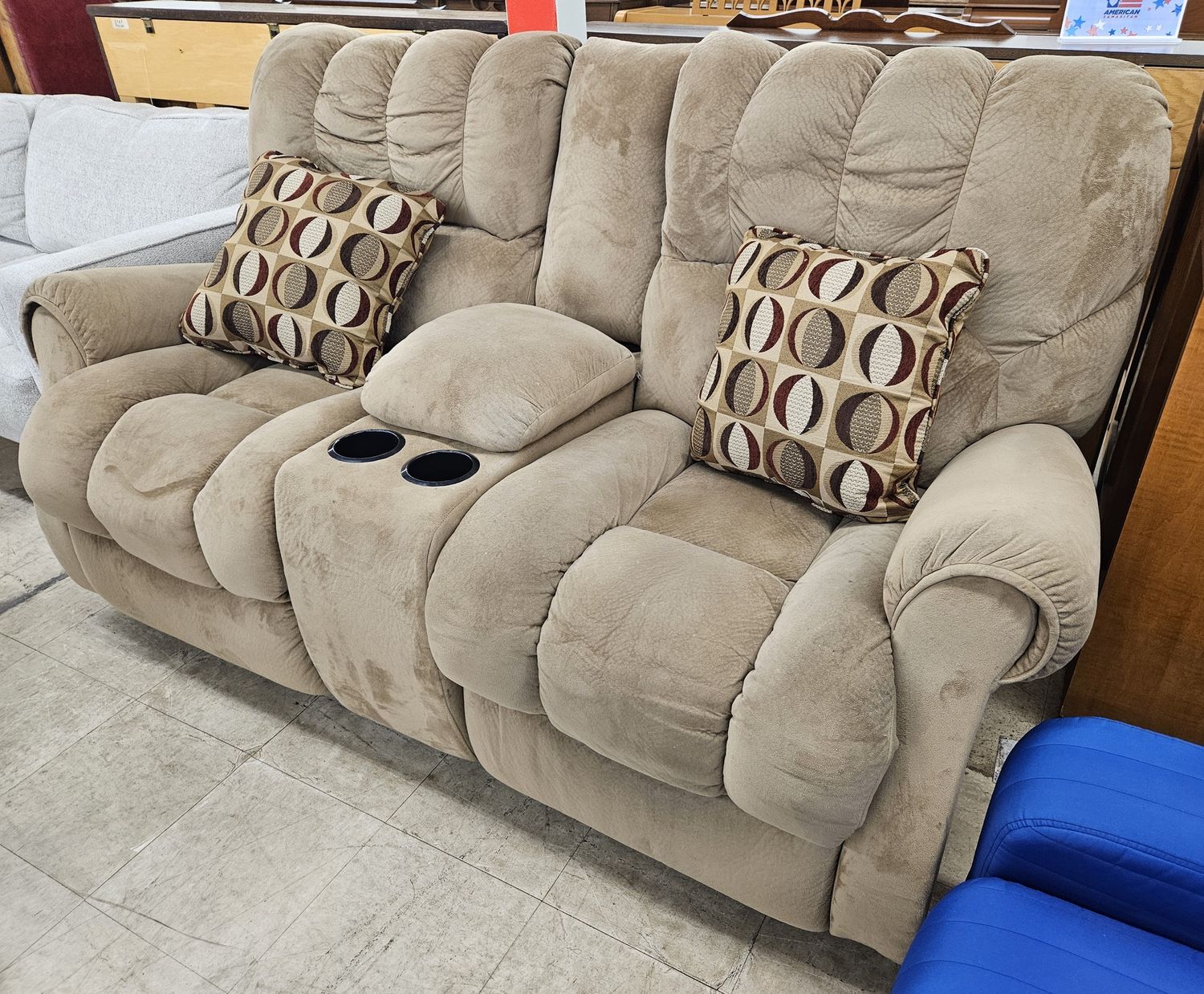 Comfy, Puffy Beige Power Reclining Loveseat ** DELIVERY AVAILABLE