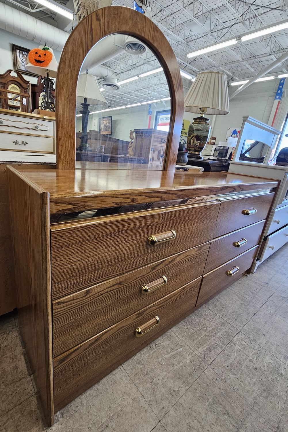 Oak 6-Drawer Lowboy Dresser with Mirror