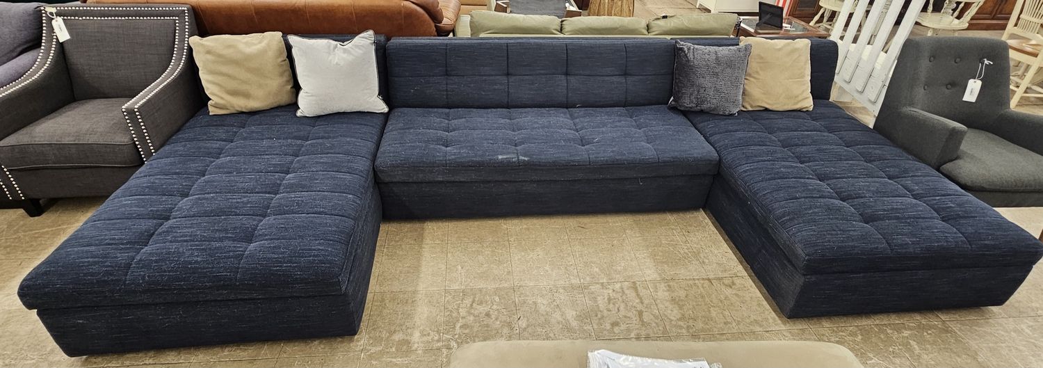 West Elm “Plateau” Tufted Blue Armless Storage Sectional with Chaise