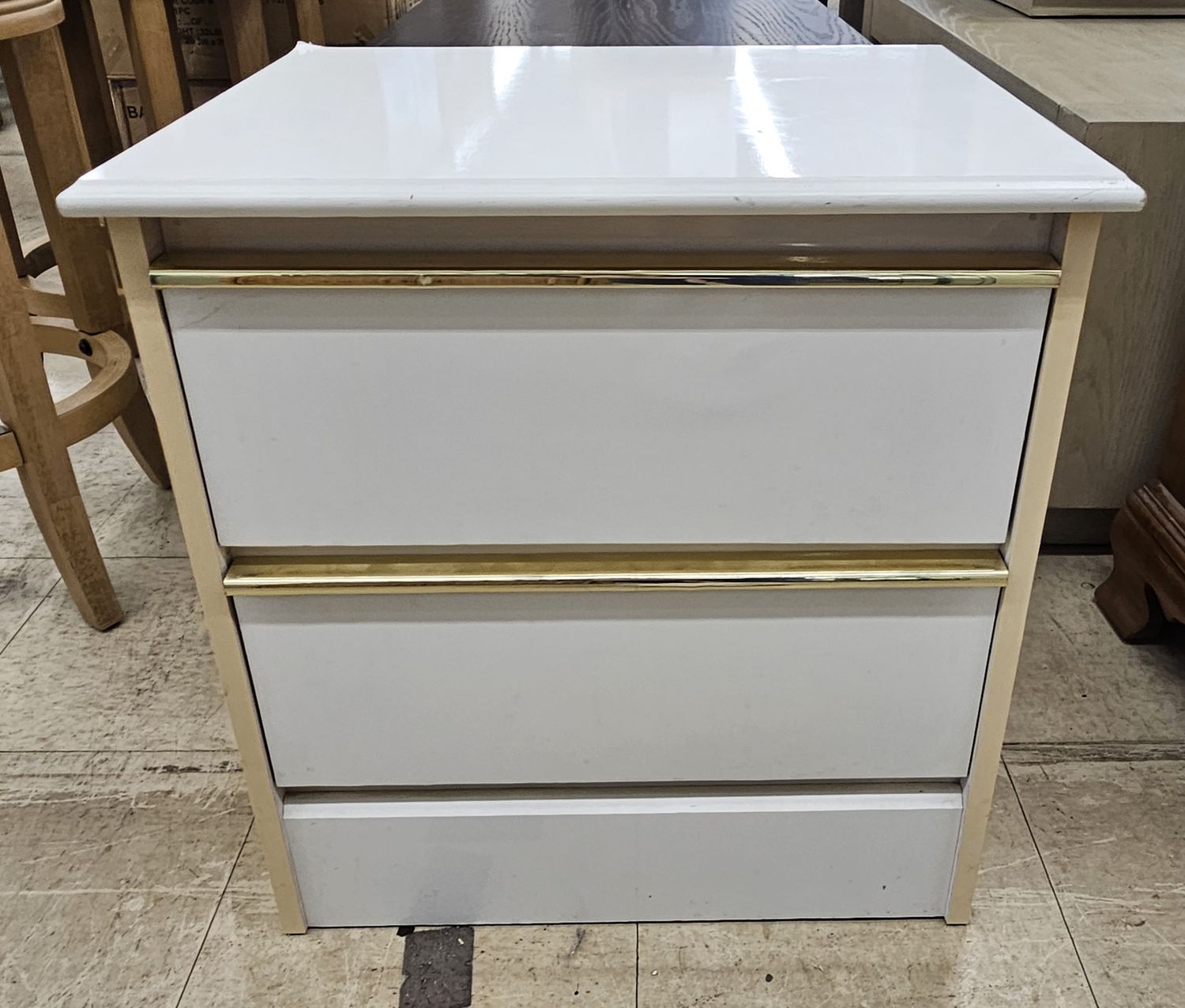 Contemporary White 2-Drawer Nightstand with Faux Gold Trim