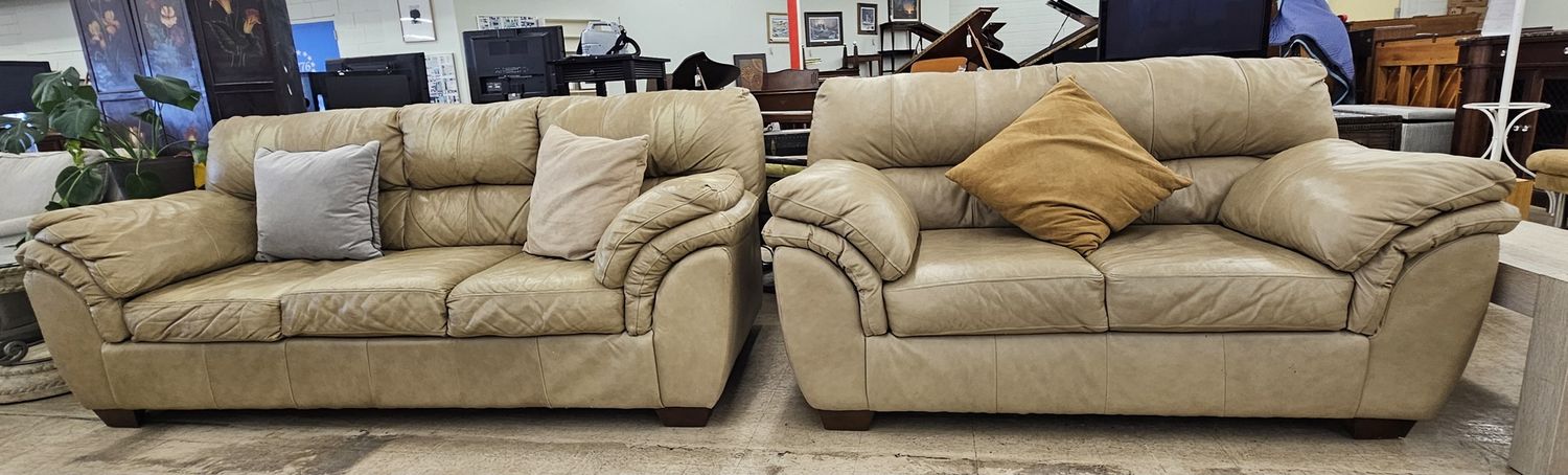 Beige Leather Couch &amp; Loveseat Set