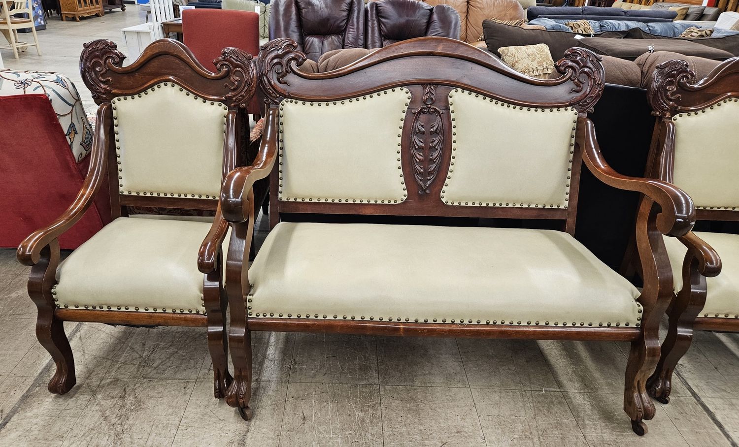 Victorian-style dining chairs and bench