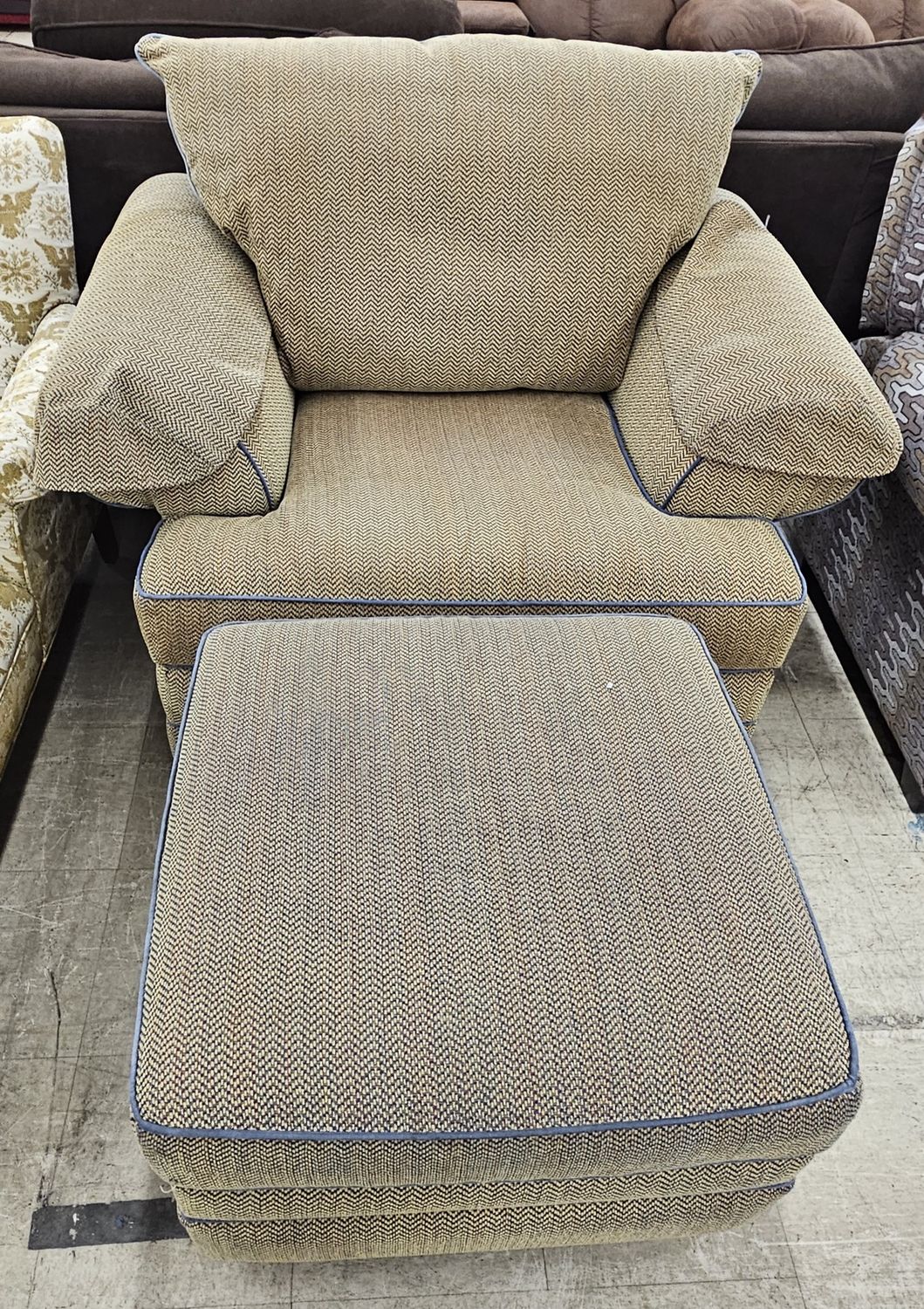 Oversized Beige Upholstered Chair with Matching Ottoman