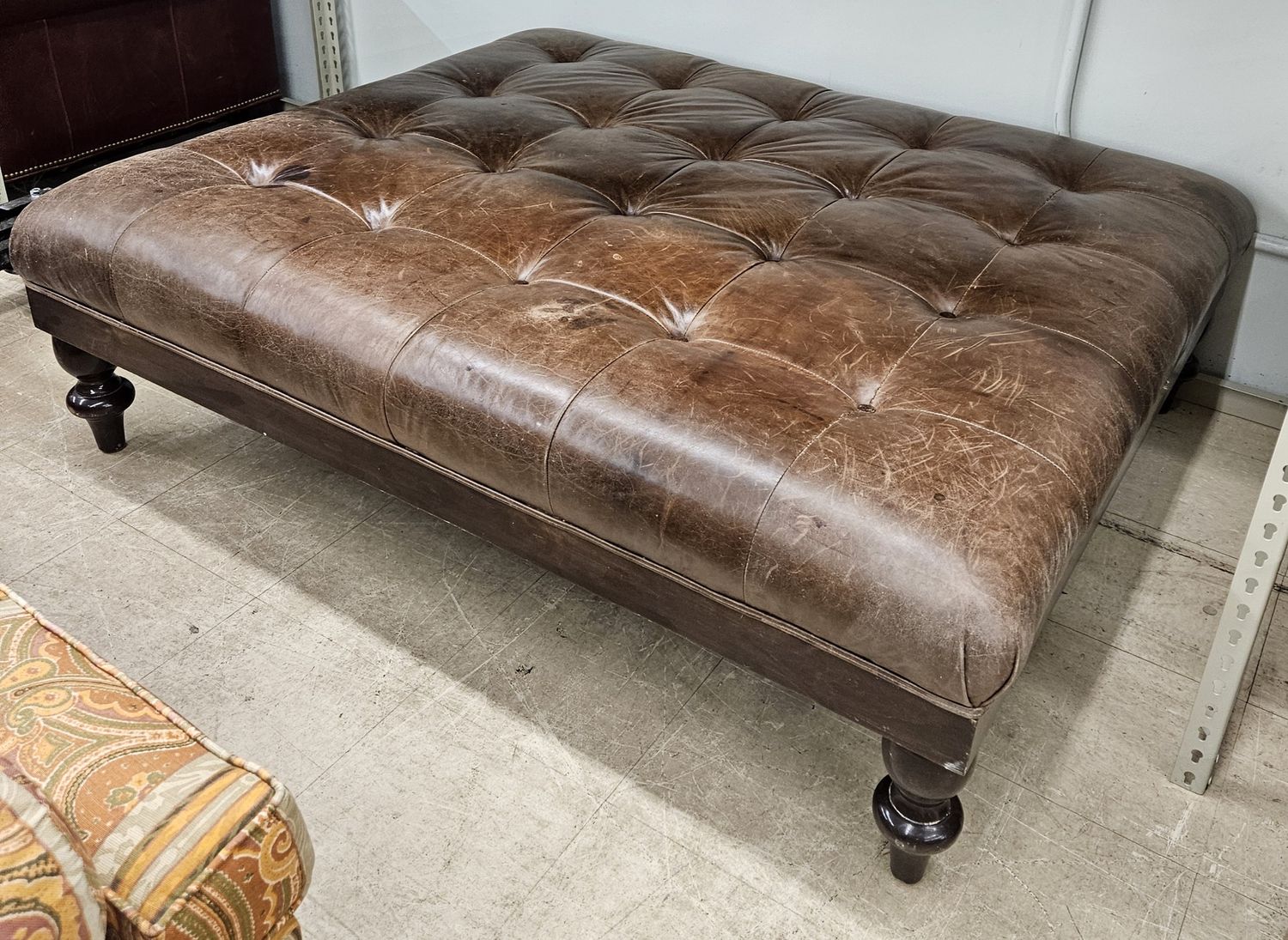 Oversized Tufted Brown Leather Ottoman