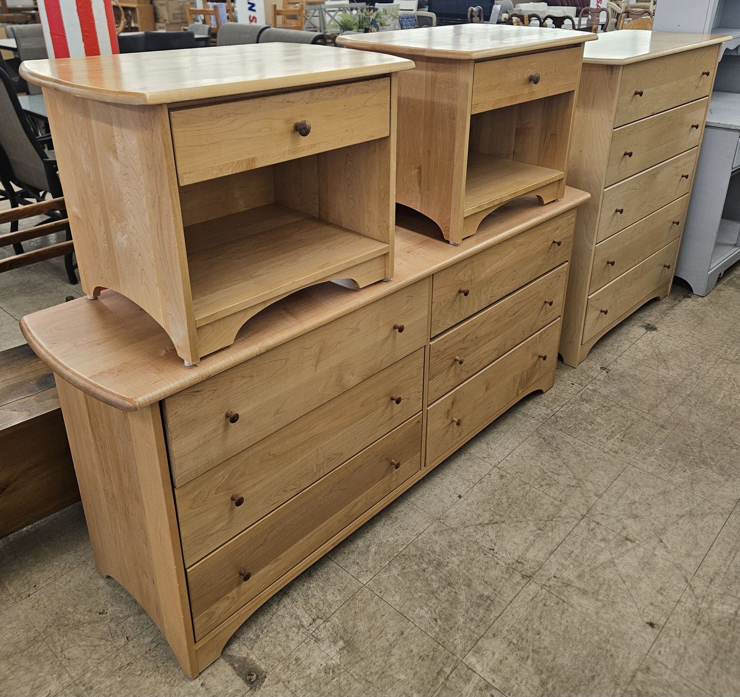 Honey-hued bedroom  - highboy, lowboy,  2 nightstands
